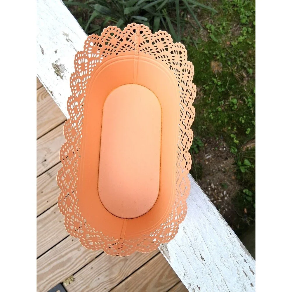 369 Peach Decorative Metal Oval Basket Scalloped Edge Planter Bathroom Kitchen